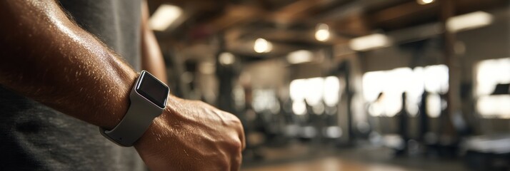 Poster - Fitness Tracker on Muscular Wrist in a Gym Setting Highlighting Workout Progress and Health Monitoring During a Training Session