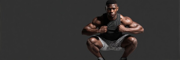 Aufkleber - Fitness Model Performing a Squat in Active Gear Against a Dark Background During a Workout Session in a Gym Environment