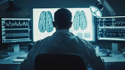 Poster - a person sitting at a desk with two computer monitors and other equipment