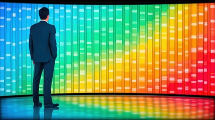 Leinwandbilder - A businessman stands in front of a large curved screen displaying a colorful and abstract data visualization, creating a sense of innovation and technology focus.