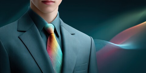 Fototapete - A young professional is wea a teal suit with a colorful tie against a dark teal background with abstract light effects, exuding confidence and style effectively.
