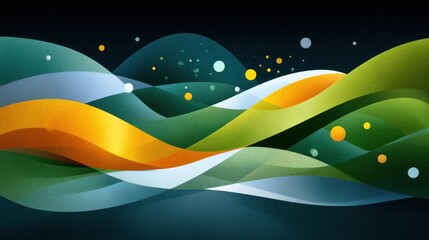 Fototapete - An abstract flowing landscape illustration with wavy green hills, orange ribbons, and floating white dots against a dark blue background creating an ethereal scene.