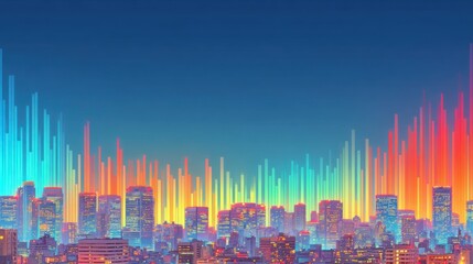 Fototapete - A vibrant cityscape at night is illuminated by colorful light patterns, creating a modern, abstract digital art interpretation of an urban skyline at dusk.