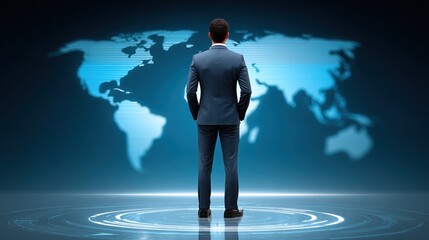 Aufkleber - From behind, a businessman in a suit contemplates a digital world map, symbolizing global business and international strategy,standing on a technological platform.