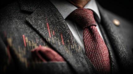 Aufkleber - A ly dressed executive wears a suit with a stock market candlestick chart overlay, symbolizing financial prowess and investment acumen in the business world.