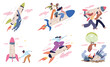 © ssstocker - People flying rocket. Teamwork success startup business failure concept, entrepreneur launch ship team start up growth progress internship achievement classy vector illustration