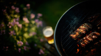 Fototapete - Barbecue ribs and beer at a backyard gathering, ethereal view, with summer vibration and culinary celebration