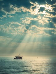 Poster - Fishing Boat Sails Through Calm Sea Under a Radiant Sky With Sunbeams Piercing Clouds at Dawn