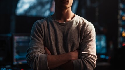 Casual IT specialist with abstract tech background, symbolizing innovation in modern workspaces