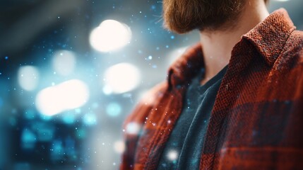 Casual IT specialist with abstract tech background, symbolizing innovation in modern workspaces