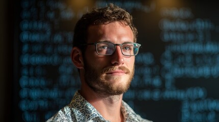 Casual IT specialist with abstract tech background, symbolizing innovation in modern workspaces