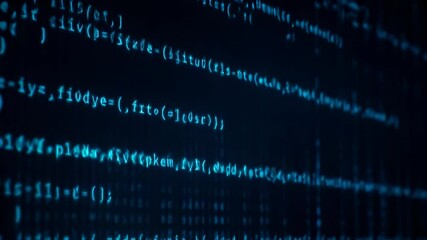 Blue computer code on dark screen with programming software technology, digital data and abstract cyber network background