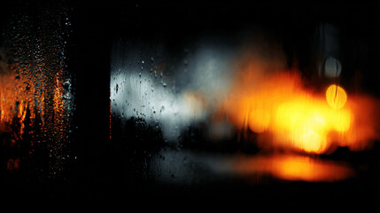 Wall Mural - A view through rain-streaked glass at a fiery scene.