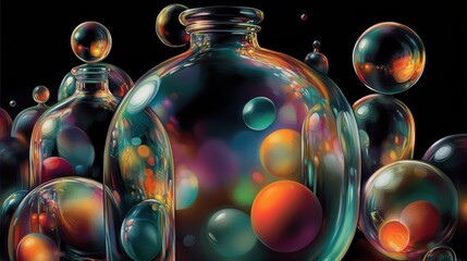 Wall Mural - several glass containers with colorful spheres creating an artistic composition