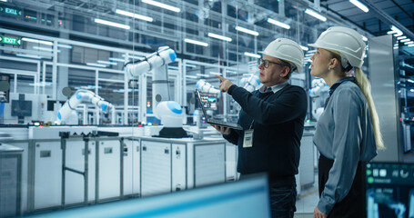 Fototapete - Male Engineer and Female Project Manager Standing Next to an Assembly Line, Talking, Using Laptop and Monitoring Production at a Modern Automated Electronics Manufacture with Robotic Arms
