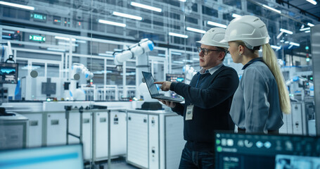 Fototapete - Female and Male Industrial Engineers Monitoring and Analyzing Conditions at a Modern Tech Electronics Factory with Automated Robot Arms Working with the Help of Artificial Intelligence Software