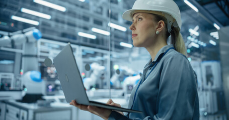 Fototapete - Computer Monitors Display Robotic Operations and Data Analytics. Female Engineer in a Hard Hat Working in an Industrial Facility, Using Laptop Computer to Monitor Robotic Arms in a Futuristic Factory