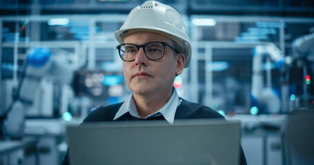 Fototapete - Adult Caucasian Engineer in a Hard Hat Working in a Modern Industrial Facility, Using Laptop Computer to Monitor Robotic Arms in a Futuristic Electronics Manufacturing Factory