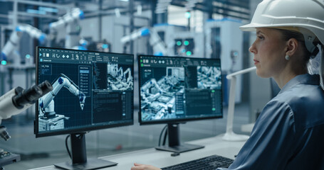 Fototapete - Female Industrial Engineer Working Behind a Desk in a Modern Manufacturing Facility with Automated Robotic Arms. Specialist Monitoring Circuit Board Assembly Line and Optimizing Production Output