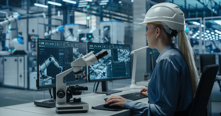 Fototapete - Female Technician in a Hard Hat Working in a Modern Product Development Factory, Using a Microscope and Industrial Computer Software, Inspecting Electronics Products Made with Robotic Arms