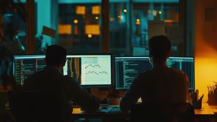 Wall Mural - two professionals working together on multiple computer screens, ideal for office or business settin