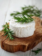 Aufkleber - Goat Cheese Garnished With Fresh Rosemary on a Rustic Wooden Board in a Bright Kitchen Setting