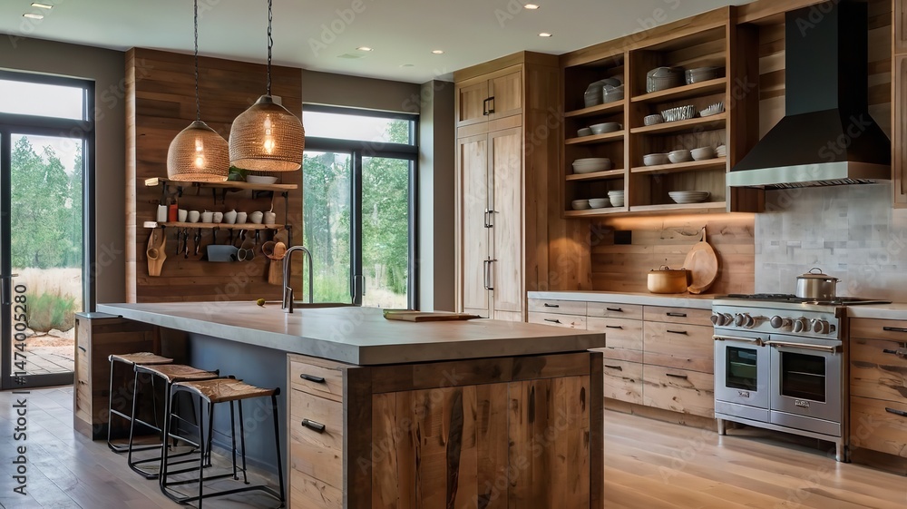Modern interior design of kitchen with island in farmhouse. Interior ...