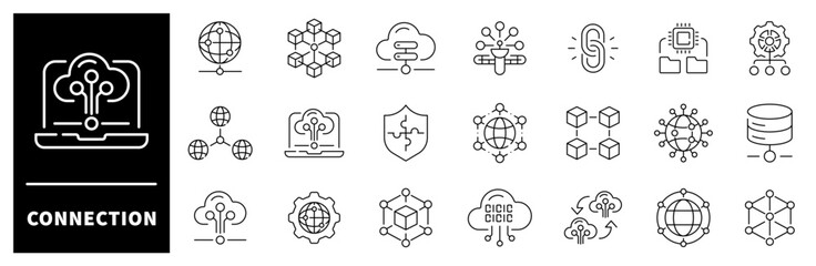 Connection vector icons. Connection thin line icons collection. Network, join, collaboration, connectivity, interaction, cable, integration, data, internet connection related icons