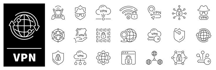 Wall Mural - vpn icon set. virtual private network, vpn thin line vector icons. internet privacy related icons. s
