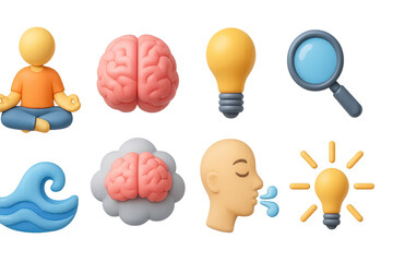 Meditation and mindset icons set - 3d breathing, mindfulness, mental health symbols