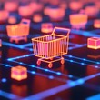 © AucArtStudio - Digital shopping cart on a vibrant, glowing grid background. E-commerce marketplace SEO concept.