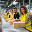 © Photo tiime - Workers in high-visibility vests sort and pack parcels on a conveyor belt in a large, brightly lit warehouse, focusing on efficient teamwork and productivity.