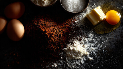 Wall Mural - Baking ingredients and tools arranged on a dark countertop for preparation.
