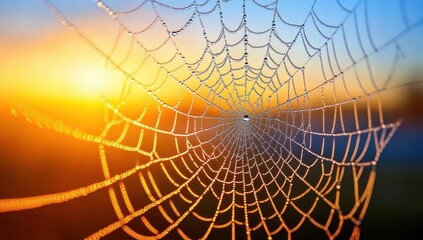 Dew-kissed spiderweb at sunrise.  A delicate spiderweb, glistening with morning dew,  spans the foreground.  The vibrant sunrise colors radiate through the intricate web