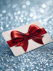 Poster - Glossy Gift Card Decorated With a Metallic Bow on a Sparkly Surface Captures a Festive Moment Perfect for Celebrations and Special Occasions