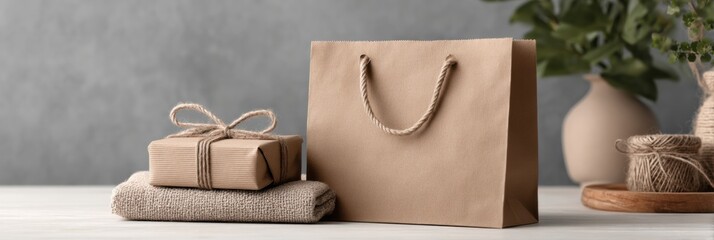 Aufkleber - Elegant Paper Bag Gift Packaging Mockup Showcasing a Neatly Wrapped Present and Decorative Elements for Stylish Gifting