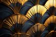 © Olena - Gold Fan Pattern. An Art Deco-inspired design featuring repeating fan shapes in gold and dark blue, creating a rich and opulent pattern.