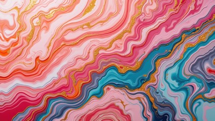 Wall Mural - colorful abstract fluid art with gold accents and waves in vibrant pink and blue tones