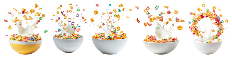 png colorful cereal splash breakfast delight, element set on transparent background