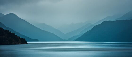 Wall Mural - Misty blue mountains cast reflections over a serene body of water, invoking a sense of tranquility and infinity under overcast skies.