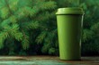 © AlparadiseDesign - Lime-green reusable cup on a wooden surface amidst evergreen foliage.