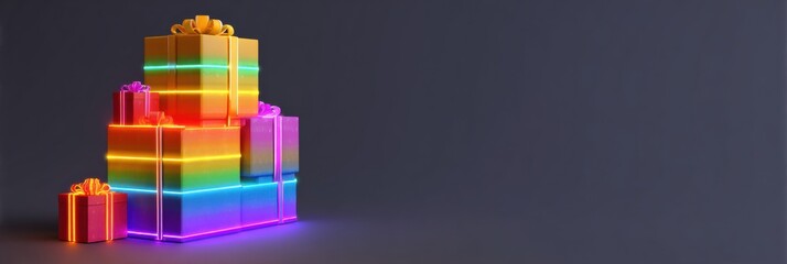 Poster - Vibrant Stack of Rainbow Gift Boxes With Glowing Borders Against a Dark Background for Celebration and Festive Occasions
