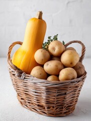 Aufkleber - Fresh Butternut Squash and Potatoes in a Rustic Basket With a Clean White Background