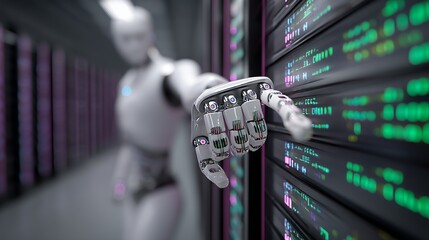 a robotic hand from the future types code within a virtual digital network