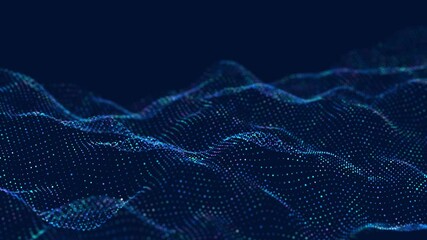 Poster - Abstract flow of luminous particles on dark background. Movement of colored dots. Big data visualization. 3D rendering. Seamless loop. 4k	