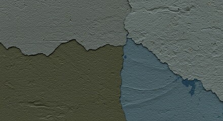 Poster - A wall with a variety of textures and colors, including a blue and green section