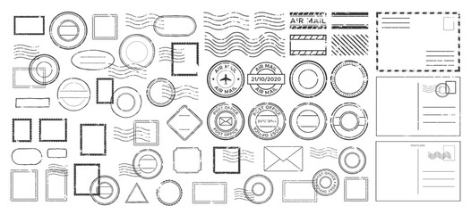 retro postmarks, stamps, envelopes and airmail signs, postcard outlines. vintage postal theme, post 