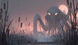 © Danila - A bizarre alien being with four radiant eyes inhabits the marshy terrain of a distant, misty planet, where the dim orange glow of a far-off sun illuminates a foggy swamp environment teeming with