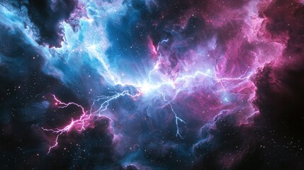Wall Mural - colorful cosmic nebula with electric lightning and starry background