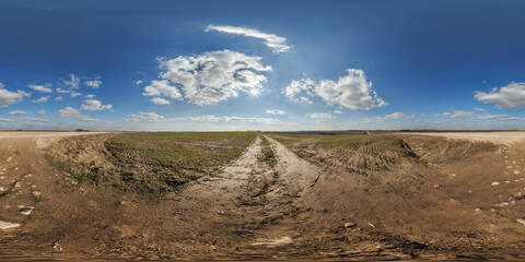 Wall Mural - hdri 360 panorama view on gravel muddy road among fields at evening with flock of birds in clouds in